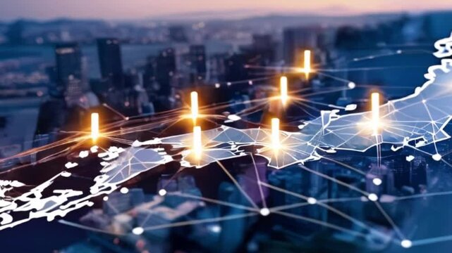 A digital map of Japan illuminated with network connections, showcasing technology and urban life, set against a vibrant city skyline at dusk created with generative ai