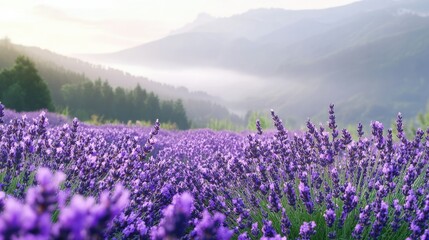 Naklejka premium Lavender fields stretching across the European countryside, leaving space for text in the serene background