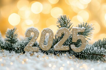 Festive representation of the year 2025 with sparkling decorations and snow-covered pine, perfect for New Year's celebrations.