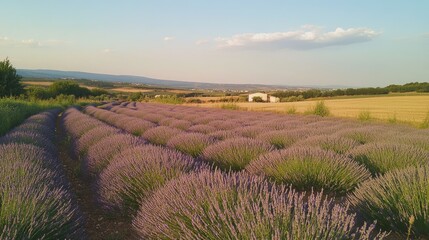 Lavender fields stretching across the European countryside, leaving space for text in the serene background
