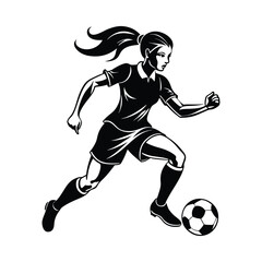 Black and white silhouette of a female soccer player dribbling in mid action. Clean, dynamic sports art isolated on white.