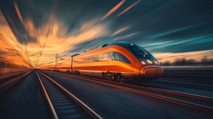 Fototapeta premium High-Speed Train in Motion Under Sunset Sky