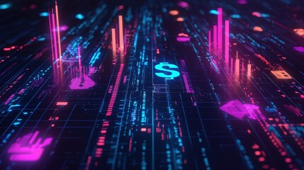 Fototapeta premium A vibrant digital landscape showcasing financial symbols, data visualizations, and colorful graphs, representing the intersection of technology and finance.