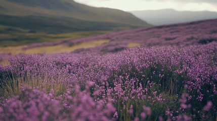Naklejka premium Purple heather fields stretching across the European landscape, with ample space for text