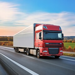 Red Semi-Truck with Cargo Trailer Driving on Scenic Highway at Sunset, Transportation and Logistics