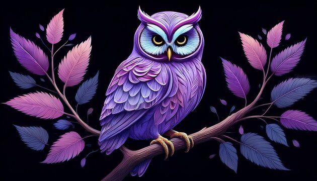 ilac owl sits on a branch with leaves on a black background