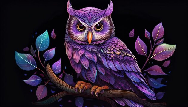 ilac owl sits on a branch with leaves on a black background