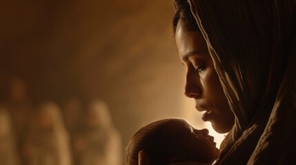 Mary gently cradling baby Jesus in soft, warmly lit setting with peaceful expression