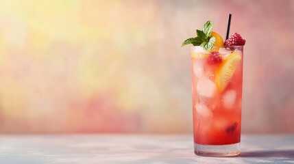 Naklejka premium Refreshing summer cocktail with fruits, leaving space for copy in the background