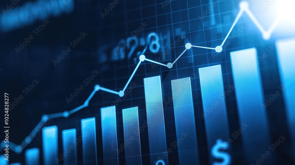 Poster a dynamic financial graph with upward trends and currency symbols, showcasing data analytics and inv