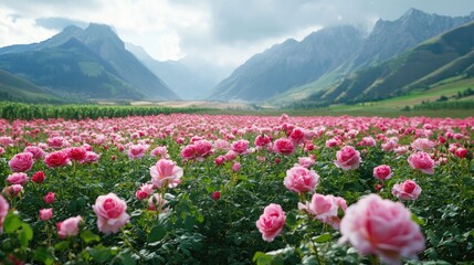 Obraz premium Scenic European rose fields, vivid blooms surrounded by mountains, leaving space for text or branding