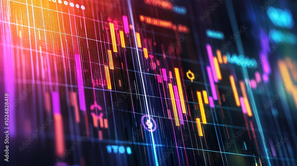 Poster a vibrant digital display shows fluctuating stock market data with colorful graphs and indicators.