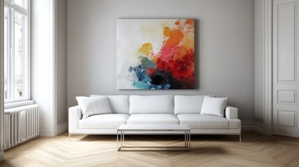 Abstract painting on a white wall above a white sofa in a modern living room.