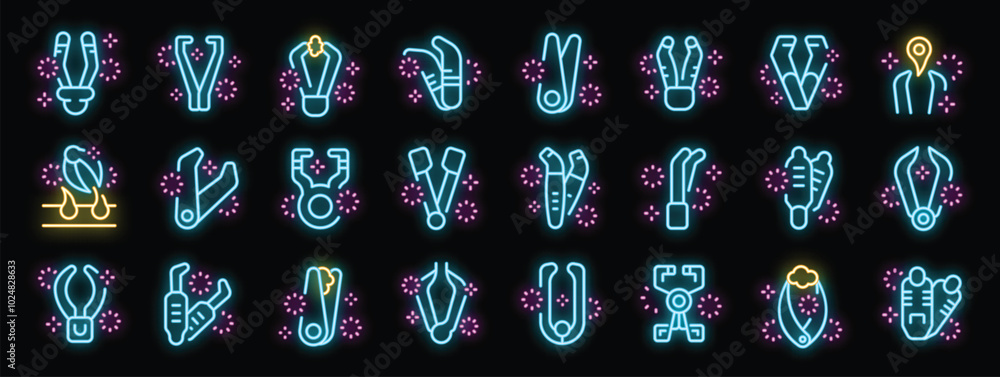 Poster set of glowing neon icons of robotic arms with claws in different positions, performing various task