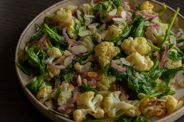 Winter Salad - Warm Cauliflower with Spinach and Almonds - Close-Up