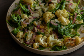 Winter Salad - Warm Cauliflower with Spinach and Almonds - Close-Up
