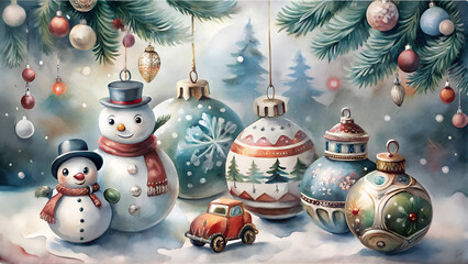 Festive snowman, vintage car, and Christmas ornaments on a snowy background with pine branches