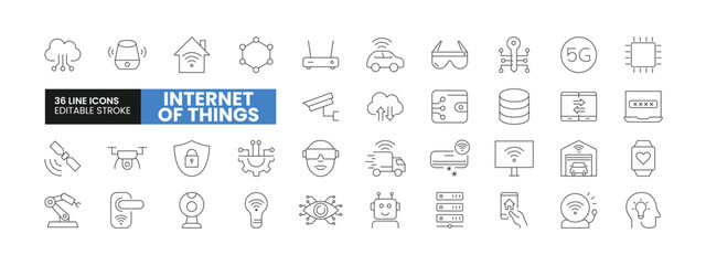 Set of 36 Internet of Things line icons set. IOT outline icons with editable stroke collection. Includes Cloud Computing, Smart Home, Smart Car, Virtual Reality, Innovation, and More.