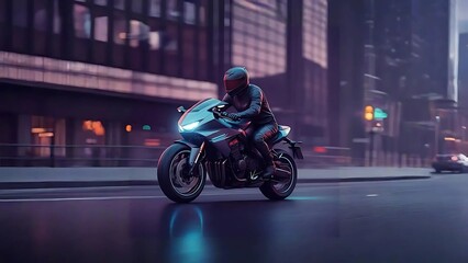 A man confidently rides a motorcycle down a bustling city street, surrounded by urban scenery.