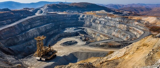 A massive silver mine stretching across a rugged landscape with heavy machinery and processing plants
