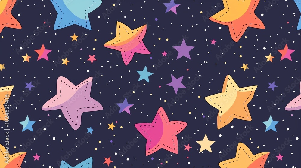 Aufkleber seamless pattern with colorful stars and dots on a dark blue background.