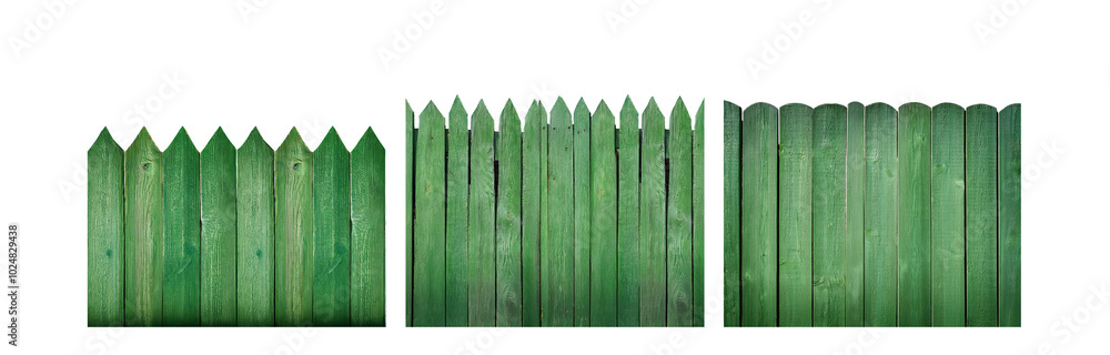Poster a green wooden fence with pointed tops, a single section with rounded tops.