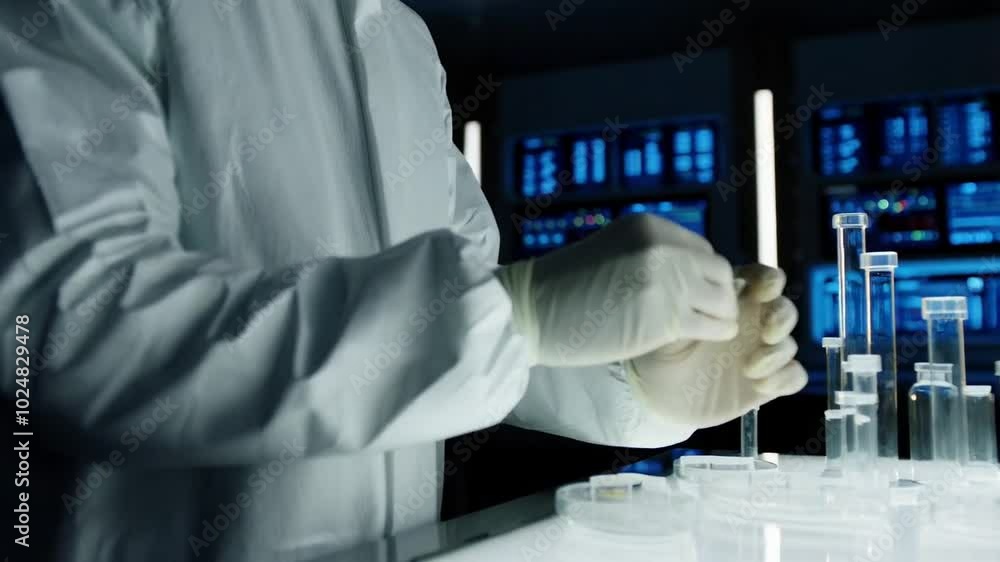 Poster Scientist in protective suit and gloves meticulously handling test tubes in high tech laboratory, emphasizing precision and focus in sterile research experimentation environment