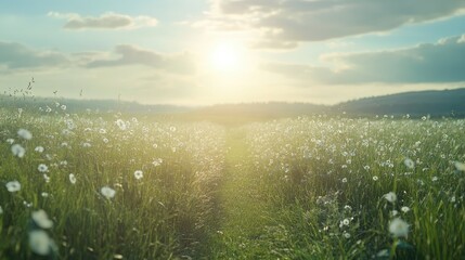 Sunlit path through a summer meadow, with room for copy in the open sky