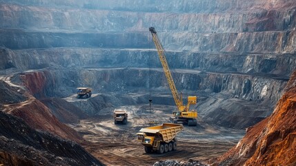 Workers in protective gear extracting gold from a large open-pit mine with cranes and trucks nearby