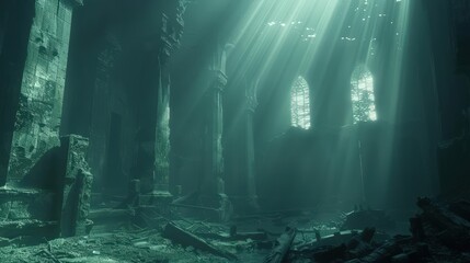 Capture the eerie beauty of an eye-level angle in a dystopian underwater world Utilize dramatic lighting to enhance the scene