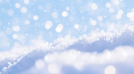Fototapeta premium Bright sunlight reflecting off freshly fallen snow, creating a sparkling and pure winter landscape. Close-up of snowflakes in soft focus with a bokeh effect.