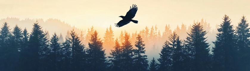 Obraz premium A majestic bird soaring over a tranquil forest at sunset, capturing the essence of nature's harmony and beauty.