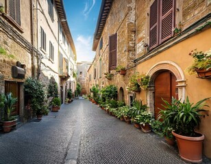 quaint street lined with plants outside historic buildings in the medieval old town of orvieto umbria italy