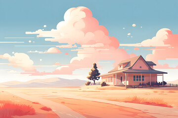 pink cartoon desert style building, desert style cartoon building