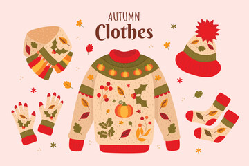 poster with autumn clothes, sweater, hat, socks and gloves