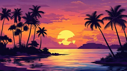 Tropical island at sunset, with palm trees and space for copy in the sky