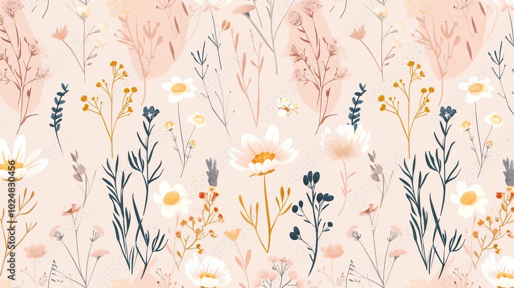 Poster a seamless pattern of delicate flowers and stems in a soft color palette.