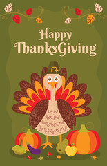 thanksgiving day poster with turkey on green background