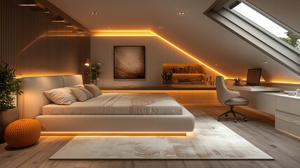 Modern bedroom under a sloped roof with warm lighting and sleek furniture, cozy and contemporary design

