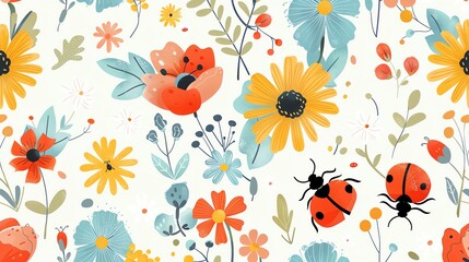 Seamless pattern with colorful flowers and ladybugs on a white background.
