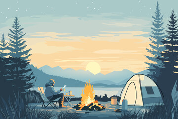 forest landscape camping trees lake sunset fall nature inspired vector illustration