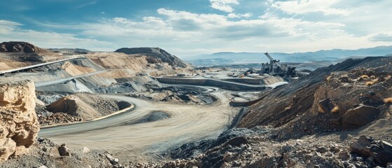 An expansive silver mining operation with conveyor belts stretching across a rocky landscape under a bright sky