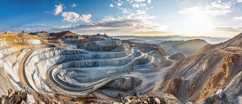 An expansive silver mining operation with conveyor belts stretching across a rocky landscape under a bright sky