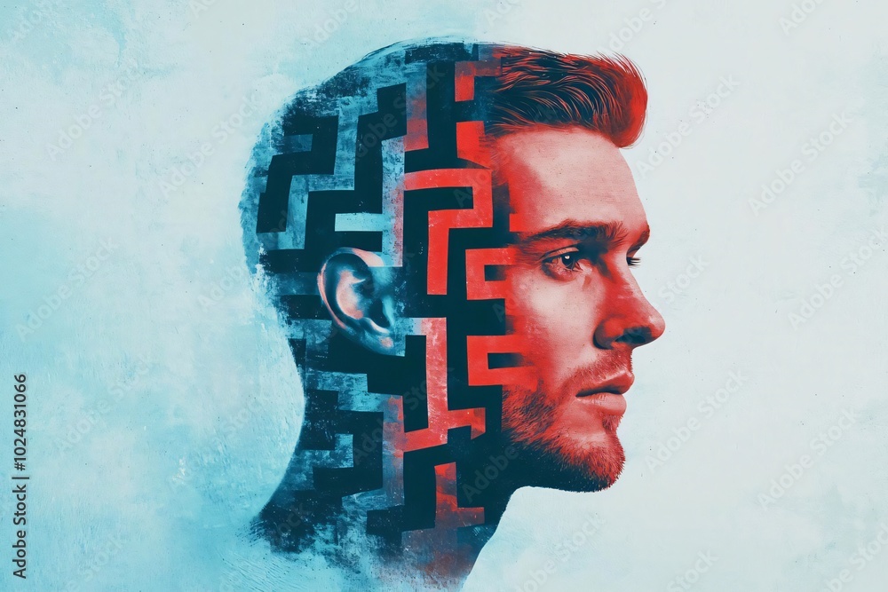 Poster a striking portrait of a man with a maze design integrated into his profile, symbolizing complexity 