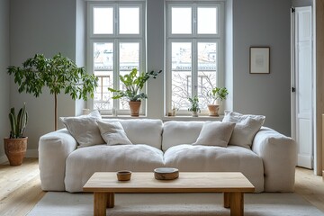 Minimalist, modern japandi interiors in a living room with front windows and boucle sofas. Generative AI
