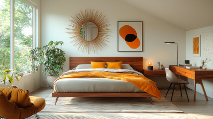 Mid-century modern bedroom with sloped ceiling, orange decor accents, and warm natural textures

