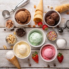 summer ice cream bar with a selection of ice cream flavors and dessert toppings top view table scene on a rustic white wood background