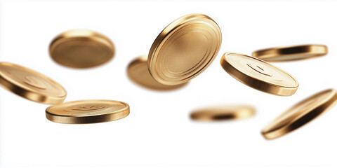 Golden 3d coins falling on the white backgrounds, business wallpaper, web banner, money isolated, cash, salary concept. Golden empty coins decorations. 