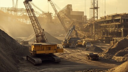 Modern gold mining operations in a sprawling industrial site with towering cranes and processing machines