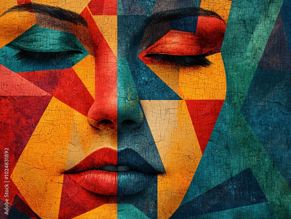Poster a vibrant abstract portrait featuring geometric shapes and bold colors, creating a captivating visua